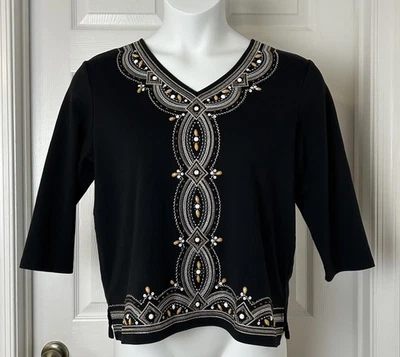 Alfred Dunner Shirt Womens PL Large Petite Black Embellished 3/4 Sleeve Boho Top - Image 1 of 4