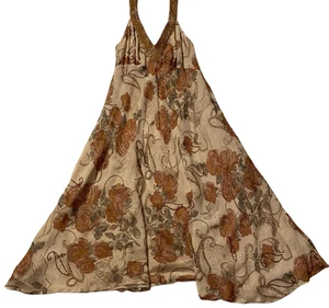 MOSS & SPY abito midi seta donna senza maniche casual paillettes fiore scollo a V marrone - Foto 1 di 12