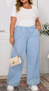 Shein Ladies Light Wash Blue Wide Legged Jeans Elasticated Waist Size 18 Bnnt - Picture 1 of 6