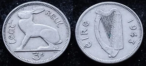 Irlanda 1943 | Irlandés 3d | 3 peniques | Liebre | KM.12 - Imagen 1 de 1