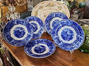 5 Flow Blue Soup Bowls Middleport Pottery Nonpareil By Burgess & Leigh - Picture 1 of 14