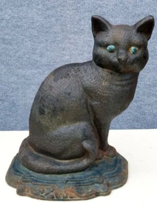ANTIQUE CAST IRON BLACK CAT DOORSTOP 12" Tall HUBLEY? Blue Eyes.  - Picture 1 of 7