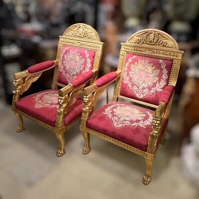 Par de sillones tapizados de madera dorada estilo imperio francés Fauteuils Foto 1 de 4