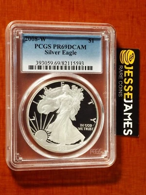 2008 W PROOF SILVER EAGLE PCGS PR69 DCAM CLASSIC BLUE LABEL - Image 1 of 2