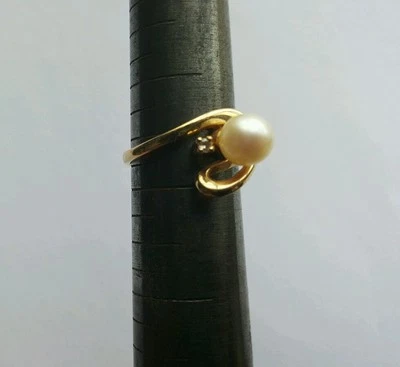 Anillo retro vintage de oro amarillo de 14 quilates con diamantes y perlas genuinas para dama talla 4 75 Foto 1 de 4