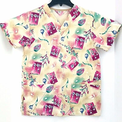 Flowers Size Small Yellow Multi Color Flowers Scrub Top Medical Nurse Veterinary - Image 1 of 4