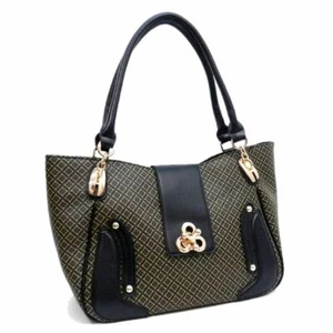 ALBA golden lock polka signature print satchel Bag Purse Black color block FM232 - Picture 1 of 7