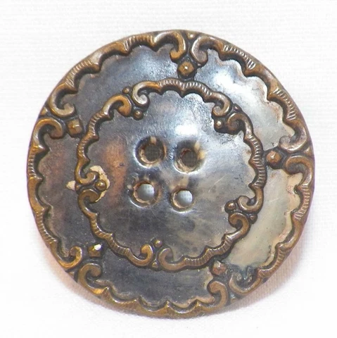 Antique Button Green Black Celluloid Stamped Brass Scrolls Victorian Large #3 Cover