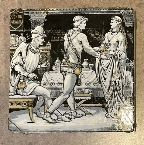 MINTON :: 1880-9’s 6” Sq BLACK TRANSFERWARE TILE “Quentin & Jacqueline” ENGLAND Cover