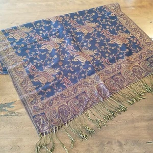 Moda Cuello Bufanda Rectángulo Mantón Pashmina Azul Marino Dorado Étnico Boho Flecos - Imagen 1 de 4