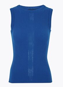 M&S LADIES WOMENS BLUE TEXTURED KNITTED SLEEVELESS STRETCHY TOP SIZE 10 12 18