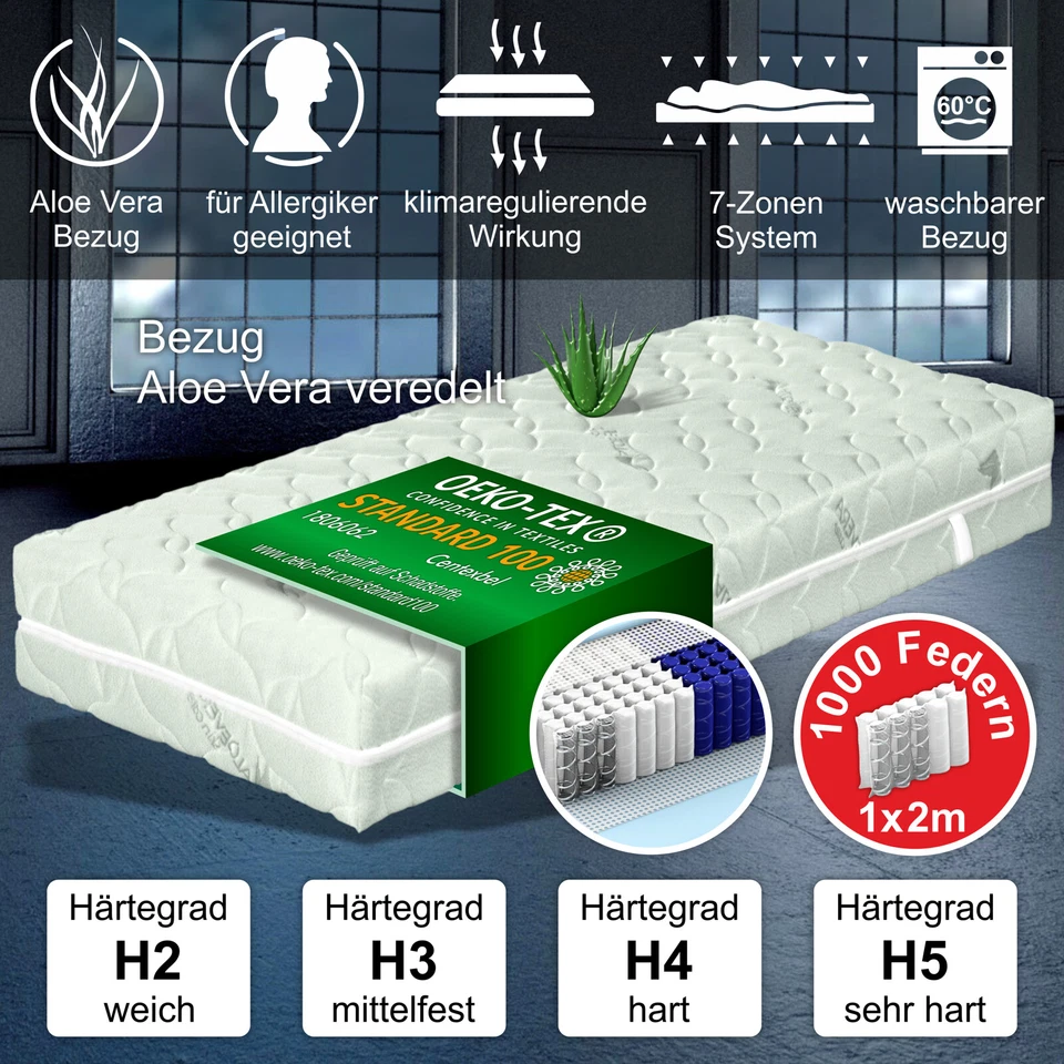 1000 Federn Tonnentaschenfederkern Matratze H2 90x200cm