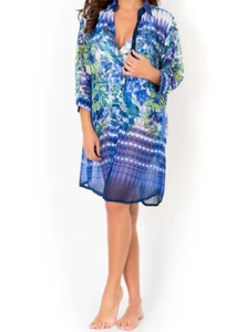 Royal Blue Floral Semi Sheer Shirt Dress button up knee length beach cover up - Picture 1 of 3