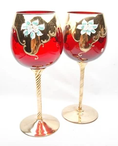 Vintage TWO Decorative Ruby Red & 24K Gold Vases 13" Tall With Enamel. Bohemia. - Picture 1 of 4