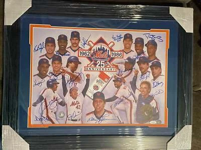 Litografía enmarcada 20x26 autografiada de los Mets de Nueva York 1986 con 17 firmas (carta JSA) Foto 1 de 3