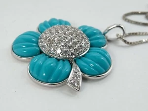 Ross Simons Simulated Italian Turquoise CZ Flower Necklace Pendant with Chain - Picture 1 of 8