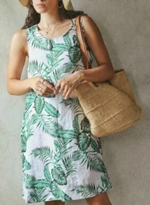 C&C California Size S Linen Shift A line Dress Cover Up Sleeveless Palm Leaf   - Picture 1 of 12