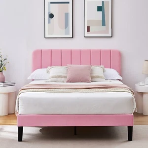 Upholstered Bed Frame Platform Full Queen Size with Velvet Headboard Wooden Slat - Picture 1 of 46