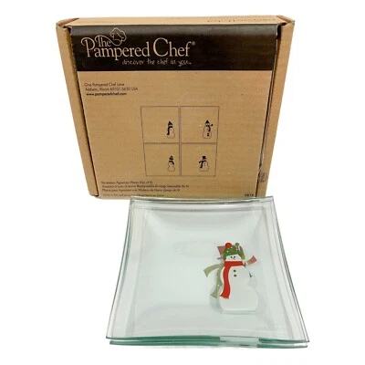 Pampered Chef Snowman Appetizer Plates 6" Lot Of 4 Square Glass EUC Snowmen Box - Image 1 of 4