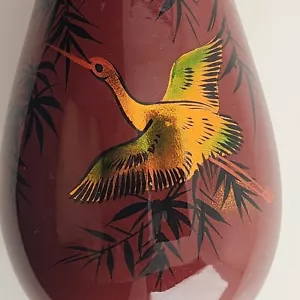 Bud Vase Maroon Red Overlay Gold Geese Black Trees Asian Sun Vintage Vietnam - Picture 1 of 10