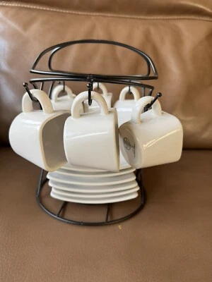 GIBSON GRACIOUS Espresso White Porcelain Cup & Saucer 12 Pc Set w/Metal Rack - Image 1 of 4