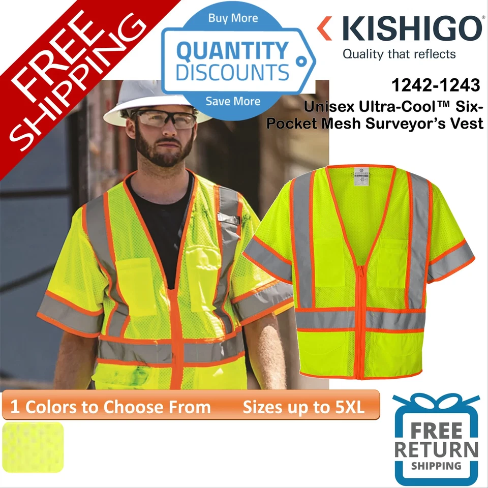 🔥 Kishigo Unisex Ultra-Cool Six-Pocket Mesh Surveyor’s Vest Up To 5XL 1242-1243 - Image 1 of 1