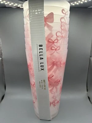 Bella Lux Pink Coquette Bow Plastic BPA Free Tumblers Glasses Set Of 8 NEW - Image 1 of 4