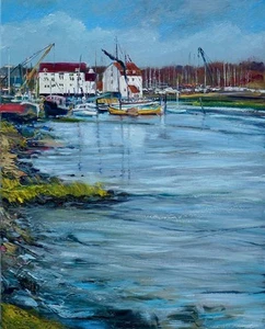 ORIGINAL GENNADIY Tide Mill on River Deben Woodbridge Suffolk boat Oil PAINTING - Picture 1 of 1