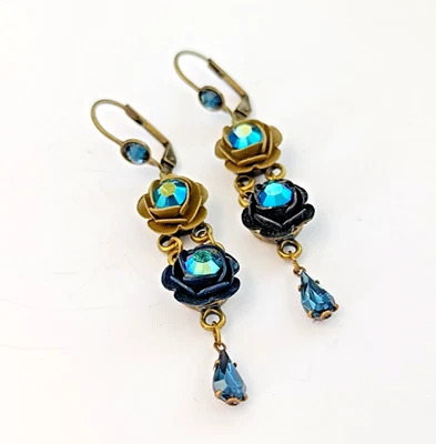 Michal Negrin Earrings VTG Deep Blue Khaki Crystal AB Drop Floral Winter Boho - Image 1 of 4