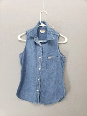 Guess Mujer Camisa Chaleco S Azul Denim Sin Mangas Abotonado Relajado Jean Top Foto 1 de 4