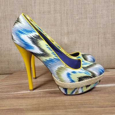 Qupid Platform Heels Blue Yellow White Print Espadrille Pumps Women's Size 9 - Image 1 of 4