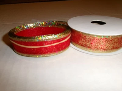 (2)JoAnn  Wired Ribbon 1' Wide-Red w/glitter-2.5 yards & 3 yards=5.5 Yards(M) - Image 1 of 3