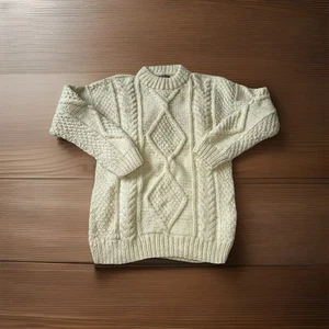 Afghan Blue Sky Wool Ivory Fisherman Cable knit Sweater C12 - Picture 1 of 5