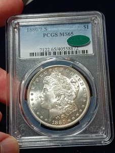 ๐1880/9-S Morgan Silver Dollar MS65 CAC -0 OVER 9 OVERDATE-Scarce - Picture 1 of 2