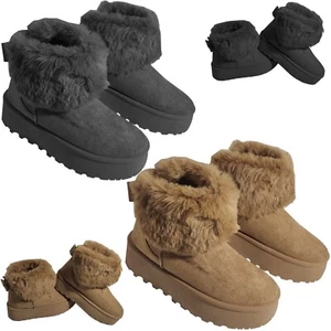Womens Ladies Ankle Length Chunky Platform Faux Fur Snugg Booties Fashion Shoes - Picture 1 of 6