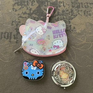 Hello Kitty irisierendes Reisetaschen-Set + kompakter Schminkspiegel + blaue Dose selten - Bild 1 von 9