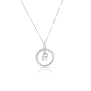 925 Sterling Silver Clear CZ Circle Letter Initial Pendant Necklace, 18" - R - Picture 1 of 4