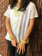 bOHO cHIC Green White Embroidered Blouse Cotton fLORAL Tops S/M