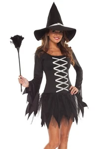Sexy Erwachsene Halloween Schatz Hexe Kostüm mit Besen Kokette Gr. Small/Med - Bild 1 von 6