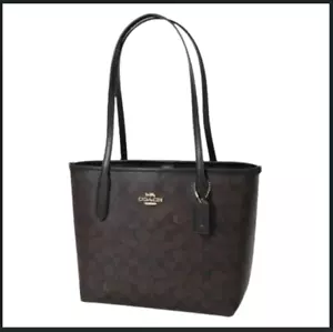 COACH CU759 Small City Tote Signature Canvas Black Brown Outlet NEW - Picture 1 of 5
