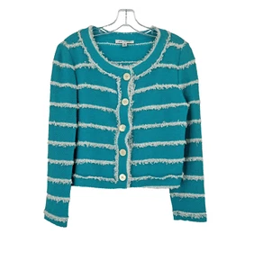 Giacca blazer donna St. John blu bianco a righe lana frange bottoni tg 6 - Foto 1 di 6