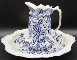 Antigua jarra y cuenco de lavabo con guirnalda de azalea Inglaterra James Kent Fenton c1910 - Imagen 1 de 11