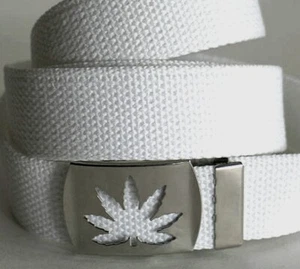 Canvas weiß 37" x 1 1/4" Militär Stil Web Stoff Gürtel Marihuana Blatt Schnalle - Bild 1 von 5