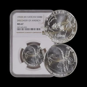 VATICAN CITY. 1992, 500 Lire, Silver - NGC MS67 - Evangelization of America Rare - Picture 1 of 5