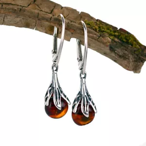 Sterling Silver Earrings Jewellery Amber Brown Dangle Pear Natural  Snowdrop 925 - Picture 1 of 7