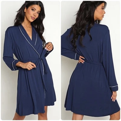 Eberjey Womens Tencel Modal Spandex Gisele Tuxedo Robe Size M Navy Blue - Image 1 of 4