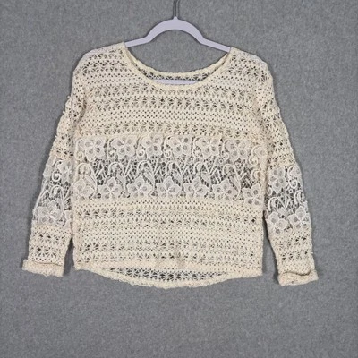 Crochet Lace Top Small Cream Sheer Boho Festival Coquette Cottage Resort Cruise - Image 1 of 4