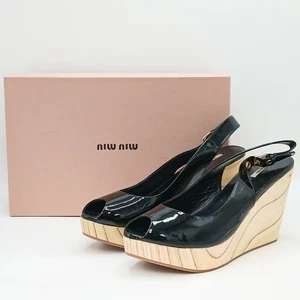 Miu Miu Slingback Wedge Heels UK9 Black Patent Leather Peep Toe with Box FLT-FPL - Picture 1 of 11