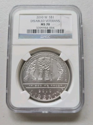 2010-W $1 Silver NGC MS70 Disabled Veterans Dollar 90% Coin Cert# 3399984-004 - Image 1 of 4