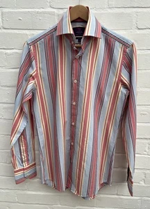 Hawes & Curtis Shirt Small Stripe Long Sleeve Cotton Formal Blue Yellow Slim Fit - Picture 1 of 9